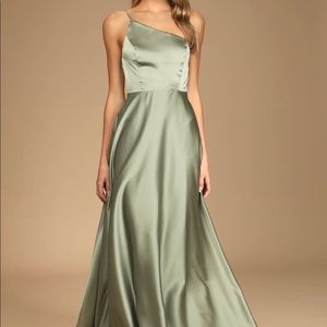 Love's Calling Olive Satin One-Shoulder Maxi Dress With Pockets